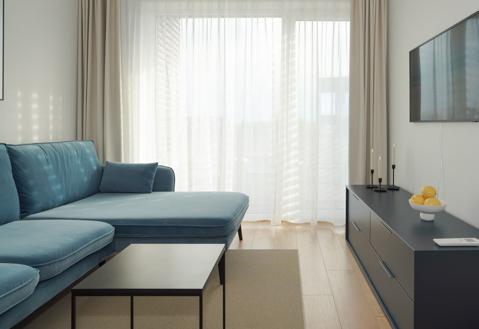 An Aurora Noir living room in soft afternoon light